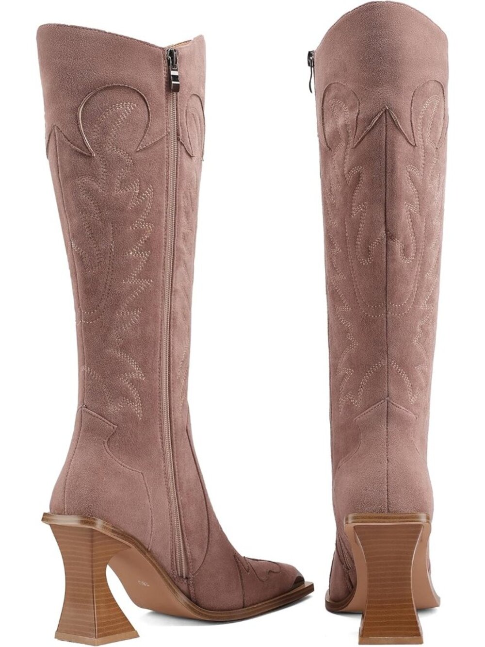 Women’s Taupe Pink Knee High Western Embroidered Side Zipper Cowgirl Boots - Picture 4 of 7